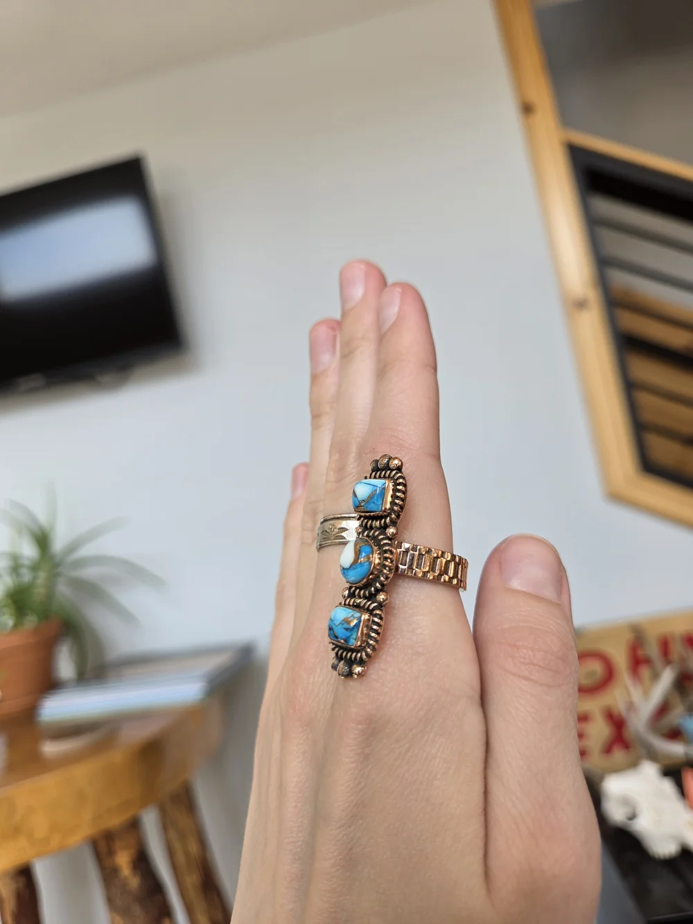 Triple Blue Dahlia Turquoise Copper Ring 57